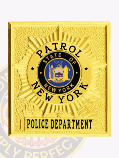 Elegant gold square metal badge for the NYPD patrol, highlighting the title "PATROL" in bold black lettering at the top. The central emblem of New York adds authority, while "NEW YORK POLICE DEPARTMENT" is displayed gracefully below. This badge features a reliable safety pin attachment for convenient wear.