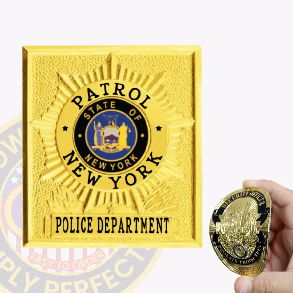 Custom square with sunburst flex badge for the NYPD patrol, featuring a striking gold finish. The title "PATROL" is prominently displayed at the top in bold black letters, surrounding a central emblem representing the state of New York. Below, "NEW YORK POLICE DEPARTMENT" is elegantly showcased. A Velcro attachment ensures secure and versatile wear.