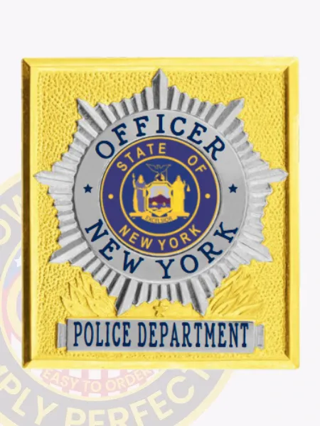 Custom square with sunburst metal badge for the NYPD officer, featuring a radiant gold finish with elegant silver accents. The title "OFFICER" is prominently displayed at the top in bold black letters, encircling a central emblem representing the state of New York. Below, "NEW YORK POLICE DEPARTMENT" is elegantly showcased in blue. A safety pin attachment ensures secure and convenient wear.