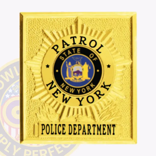 Vibrant custom square with sunburst metal badge for the NYPD patrol, featuring a striking gold finish. The text "PATROL" is boldly displayed in black at the top, encircling the emblem of New York. Below, "NEW YORK POLICE DEPARTMENT" adds significance. This badge includes a safety pin attachment for secure display and easy wear.