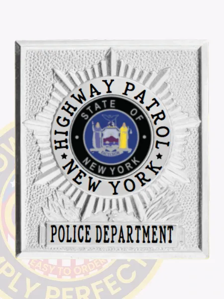 NYPD custom square sunburst badge designed in sleek silver for the rank of highway patrol. The bold black text "HIGHWAY PATROL" stands out prominently at the top, framing a detailed state emblem in the center. "NEW YORK POLICE DEPARTMENT" is elegantly displayed beneath, enhancing its significance. This badge includes a practical safety pin attachment for easy fastening.