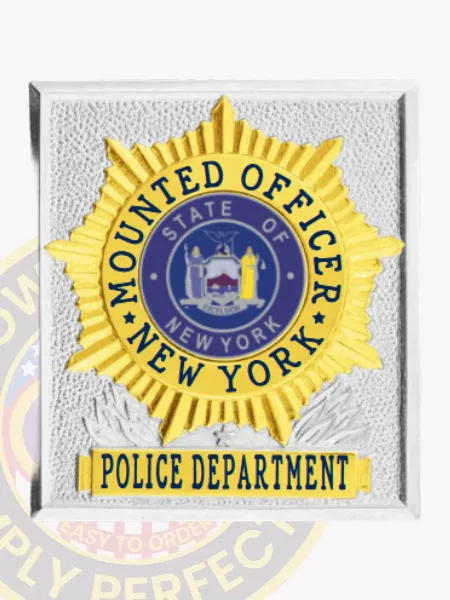 Vibrant custom square with sunburst metal badge for the NYPD mounted officer, featuring a striking silver finish complemented by gold detailing. The text "MOUNTED OFFICER" is boldly displayed in black at the top, encircling the emblem of New York. Below, "NEW YORK POLICE DEPARTMENT" enhances its authority in gold. This badge includes a safety pin attachment for secure display and easy wear.