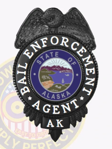 Bail enforcement agent badge made of black metal featuring a raised black eagle crest on top, bold white text around the badge stating "Bail Enforcement Agent," centered on the Alaska state seal, with "AK" below and a safety pin attachment.