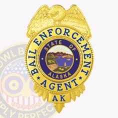 Bail enforcement agent badge made of polished gold metal with a detailed gold eagle perched atop, blue text "bail enforcement agent" encircling the alaska state seal, and "ak" at the base, attached via a safety pin for secure wear.