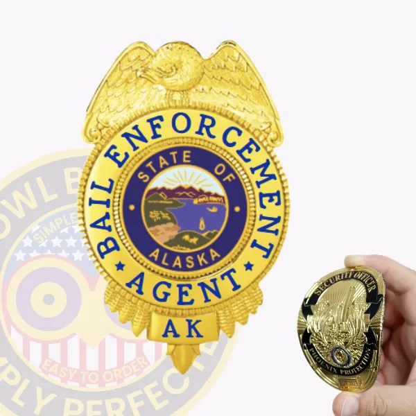 Custom gold eagle top flex badge for bail enforcement agents featuring a prominent gold eagle at the top, blue text reading "Bail Enforcement Agent" encircling the Alaska state seal in the center, and "AK" at the bottom, designed with a Velcro attachment.
