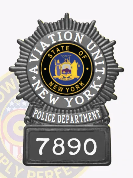 NYPD custom sunburst shield badge designed in sleek black for the aviation unit. The striking white text "AVIATION UNIT" stands out at the top, surrounding a detailed state emblem in the center. "NEW YORK POLICE DEPARTMENT" curves gracefully beneath, with the badge number "7890" prominently featured at the bottom. This badge includes a practical safety pin attachment for easy and secure fastening.