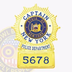 Vibrant custom sunburst shield metal badge for the nypd captain, featuring a dazzling gold finish. The text "captain" is boldly displayed in blue at the top, encircling the emblem of new york. Below, "new york police department" adds authority, with the badge number "5678" prominently shown at the bottom. This badge includes a reliable safety pin attachment for secure wear.