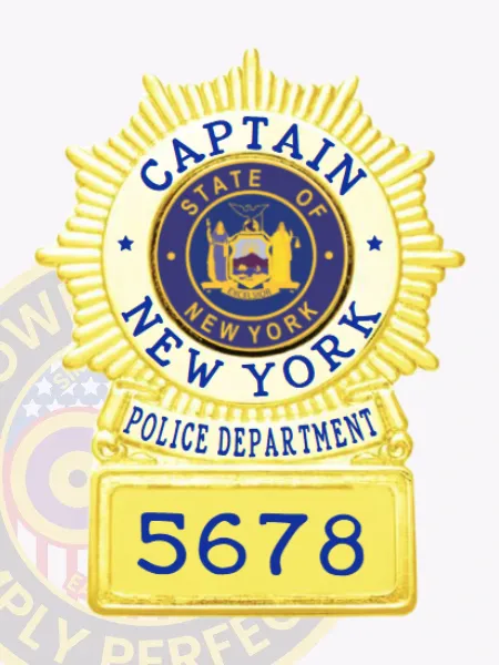 Elegant gold sunburst shield metal badge for the NYPD captain, highlighted by a polished finish. The title "CAPTAIN" is showcased prominently in bold blue at the top, with the central emblem of New York adding significance. Below, "NEW YORK POLICE DEPARTMENT" is displayed gracefully, and the badge number "5678" is clearly printed at the bottom. This badge includes a safety pin attachment for convenient display.