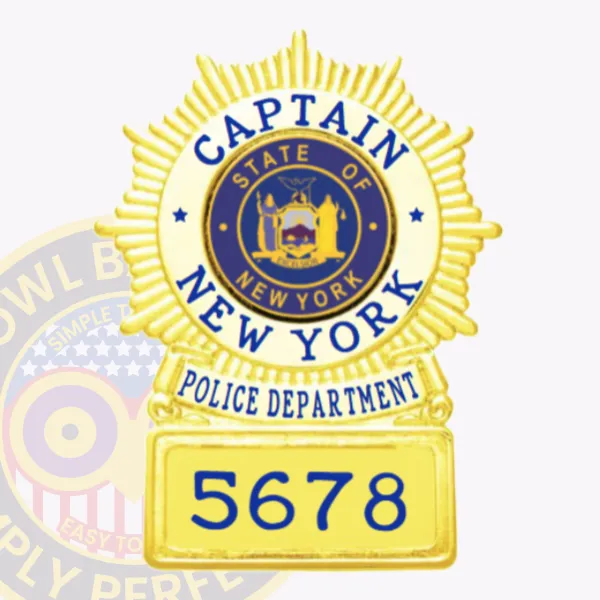 Vibrant custom sunburst shield metal badge for the NYPD captain, featuring a dazzling gold finish. The text "CAPTAIN" is boldly displayed in blue at the top, encircling the emblem of New York. Below, "NEW YORK POLICE DEPARTMENT" adds authority, with the badge number "5678" prominently shown at the bottom. This badge includes a reliable safety pin attachment for secure wear.