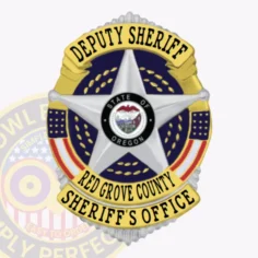 A striking silver custom metal badge for deputy sheriffs features elegant gold panels at the top and bottom. The badge prominently displays "deputy sheriff" at the top, while a central star design includes the state seal of oregon. The text "red grove county sheriff's office" is elegantly inscribed below, complemented by vibrant red and blue accents. It includes a safety pin attachment for secure wearing.
