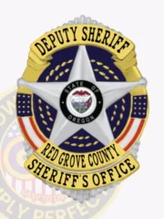 A sleek silver custom metal badge for deputy sheriffs combines stylish gold panels and functional design. The badge prominently features "DEPUTY SHERIFF" at the top, with a central star displaying the Oregon state seal. Below it, "RED GROVE COUNTY SHERIFF'S OFFICE" is inscribed, and the badge is equipped with a safety pin attachment for convenient wear.