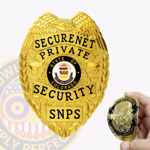 An elegant gold security badge shaped like a shield, featuring raised designs and fine detailing. The text "SECURENET PRIVATE SECURITY" arcs gracefully at the top, while a central emblem with "STATE OF COLORADO" captures attention. Below the emblem, the acronym "SNPS" stands out in black against a shiny gold base. This custom flex badge for security guard in gold with velcro attachment is shown being held, showcasing its compact size and versatility.