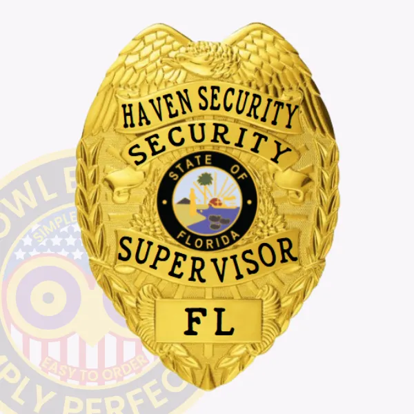 This polished gold custom metal badge for security supervisors showcases "HAVEN SECURITY" prominently at the top in bold lettering. Beneath, "SECURITY SUPERVISOR" frames a circular emblem that highlights Florida’s state seal. The badge features intricate eagle wing designs and is secured with a dependable safety pin attachment to ensure it stays in place.
