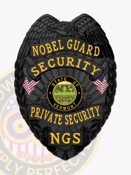 Featuring a striking black finish, this custom metal badge for security guard prominently displays "NOBEL GUARD SECURITY" in eye-catching gold letters at the top. Beneath that, "PRIVATE SECURITY" and "NGS" are also rendered in gold, surrounded by intricate detailing and two American flags. The Vermont state seal takes center stage, symbolizing authority, while the safety pin attachment ensures easy fastening.