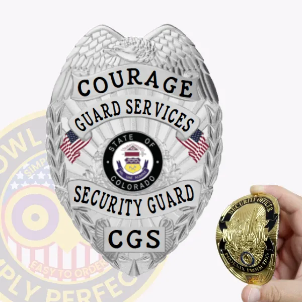 Featuring a striking silver design, this custom flex badge for security guard includes an eagle motif and American flag accents. The badge clearly presents "COURAGE" and "GUARD SERVICES," with "SECURITY GUARD" prominently featured below, emphasizing its role in security.
