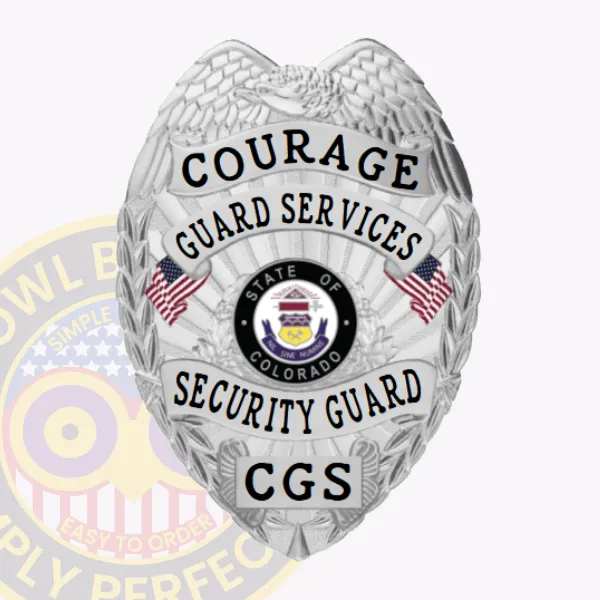 Featuring a polished silver design, this custom metal badge for security guard highlights an intricate eagle motif and colorful ribbon accents. The badge displays "COURAGE" and "GUARD SERVICES" boldly at the top, with "SECURITY GUARD" prominently marked beneath, ensuring clear recognition.