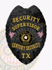 A beautifully designed custom metal badge for security supervisors in black, featuring "SECURITY SUPERVISOR" prominently displayed in yellow letters at the top. Below, "CENTURY SECURITY" and "TX" are inscribed around a circular emblem depicting the Texas state seal. The badge is adorned with intricate eagle wings and small flags, finished with a reliable safety pin attachment for easy wear.