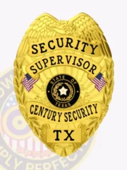 A beautifully crafted custom metal badge for a security supervisor, shining in gold. The top displays "SECURITY SUPERVISOR" in bold black text, while "CENTURY SECURITY" and "TX" encircle a circular emblem that highlights Texas. The badge features decorative eagle wings and small flags, finished with a sturdy safety pin attachment for dependable wear.