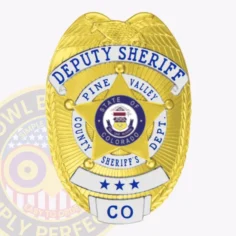 An eye-catching gold custom metal badge for deputy sheriffs highlights "deputy sheriff" prominently at the top, complemented by silver accents. The central star features the state seal of colorado, surrounded by "pine valley county" and "sheriff's dept. " below, three stars enhance its design, and a safety pin attachment ensures practical and secure fastening.
