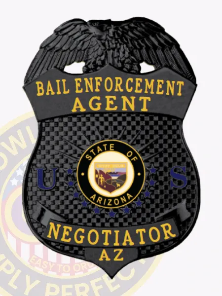 Shield-shaped black metal badge for bail enforcement agents, showcasing a detailed black eagle at the top, gold lettering "Bail Enforcement Agent" and "Negotiator AZ," centered around the Arizona state seal with blue "U" and "S" on the black textured background, designed with a safety pin.