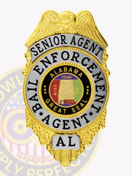 Custom bail enforcement agent badge featuring a gold eagle at the top, silver side panels with black text "Senior Agent" and "Bail Enforcement Agent," central colorful Alabama Great Seal, and "AL" at the bottom, attached using a safety pin.