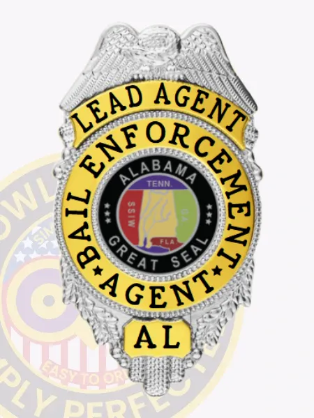Bail enforcement agent badge crafted from silver metal with a silver eagle crest, gold text panels reading "Lead Agent," "Bail Enforcement Agent," and "AL," surrounding the Alabama Great Seal, secured by a safety pin attachment.