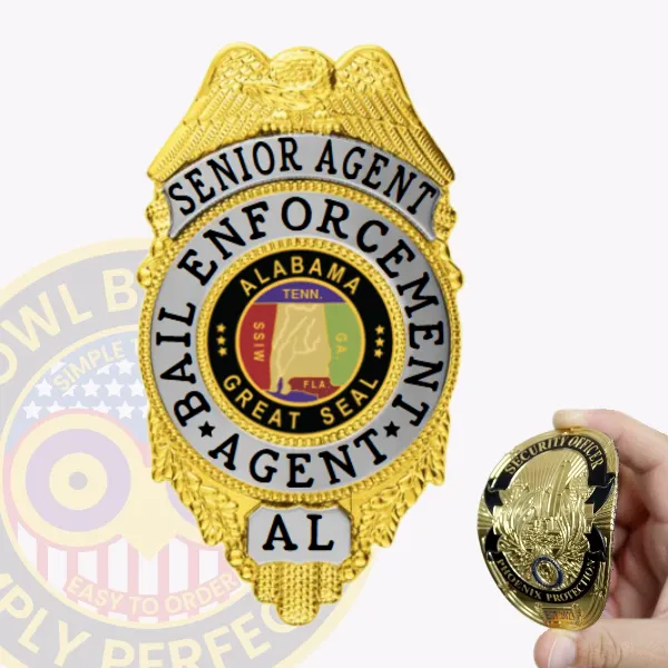 Custom gold eagle top flex badge with silver panels for bail enforcement agents featuring the text "Senior Agent Bail Enforcement Agent" and "AL" at the bottom, with the Alabama Great Seal in the center, designed with velcro attachment for easy wear.