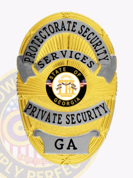 This beautifully crafted custom metal badge for private security boasts a radiant gold finish with stylish silver panels. It prominently states "PROTECTORATE SECURITY" at the top, with the state seal of Georgia in the center and "PRIVATE SECURITY" below. "GA" is featured at the bottom, and it includes a robust safety pin attachment for secure application on uniforms.