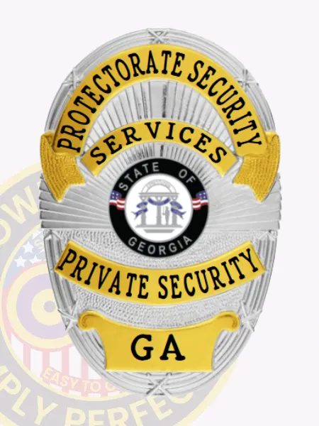 This stylish custom metal badge for private security presents a shining silver surface complemented by elegant gold panels. The top reads "PROTECTORATE SECURITY," while the center showcases the state seal of Georgia surrounded by the phrase "PRIVATE SECURITY." At the bottom, "GA" is featured, and the badge includes a sturdy safety pin attachment for convenience.