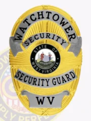 A distinguished custom metal badge for security guard crafted in radiant gold with stylish silver panels. The top features "WATCHTOWER" in striking black text, followed by "SECURITY" in an elegant font. The middle showcases a black circular emblem with the West Virginia state seal and colorful figures, while "SECURITY GUARD" is displayed beneath in silver. This badge is designed with a safety pin attachment for secure fastening.