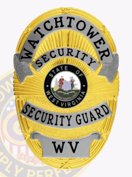 A distinguished custom metal badge for security guard crafted in radiant gold with stylish silver panels. The top features "WATCHTOWER" in striking black text, followed by "SECURITY" in an elegant font. The middle showcases a black circular emblem with the West Virginia state seal and colorful figures, while "SECURITY GUARD" is displayed beneath in silver. This badge is designed with a safety pin attachment for secure fastening.