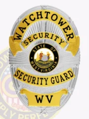 This distinctive custom metal badge for security guard features a bright silver backdrop enhanced by golden panels. The top of the badge displays "WATCHTOWER SECURITY" prominently in black letters, while the center showcases a round emblem featuring the West Virginia state seal and colorful figures. Below, "SECURITY GUARD" is elegantly inscribed in gold lettering, and the badge is equipped with a safety pin attachment for easy wear.