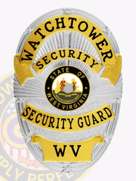 This distinctive custom metal badge for security guard features a bright silver backdrop enhanced by golden panels. The top of the badge displays "WATCHTOWER SECURITY" prominently in black letters, while the center showcases a round emblem featuring the West Virginia state seal and colorful figures. Below, "SECURITY GUARD" is elegantly inscribed in gold lettering, and the badge is equipped with a safety pin attachment for easy wear.