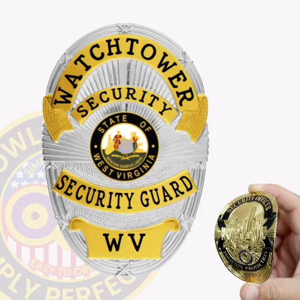 Crafted in a polished silver finish, this custom flex badge for a security guard showcases vibrant gold accents. The words "WATCHTOWER" and "SECURITY" are prominently featured at the top, while the central emblem displays the state of West Virginia, with "SECURITY GUARD" clearly presented beneath, reflecting pride and authority.
