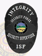This polished black custom metal badge for security supervisors features "INTEGRITY" prominently at the top in striking white letters. The badge displays "SECURITY FORCE," along with a central emblem highlighting the state of Ohio. Adorned with the text "SECURITY SUPERVISOR" and "ISF," this badge is secured with a reliable safety pin attachment for dependable wear.
