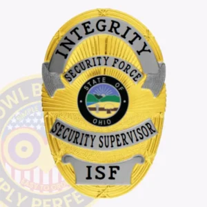 Custom Security Supervisor Badge Oval, 4 Text Panels 6 This elegant gold custom metal badge for security supervisors features silver panels and prominently showcases "integrity" at the top in bold black text. Below, "security force" is highlighted, surrounding a central emblem depicting ohio's state symbol. The badge includes "security supervisor" and "isf," secured with a dependable safety pin attachment for flexibility and convenience.
