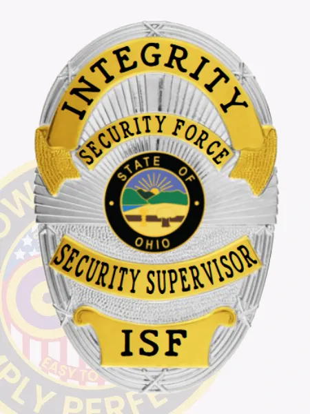 A custom metal badge for a security supervisor, featuring a sleek silver design with striking gold panels. The badge prominently displays "INTEGRITY" at the top in bold black letters, followed by "SECURITY FORCE." The central area showcases a circular emblem representing the state of Ohio, framed by "SECURITY SUPERVISOR" and "ISF." This badge includes decorative elements and is secured with a sturdy safety pin attachment for reliable wear.