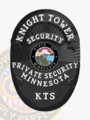 This elegant custom metal badge for private security sports a sleek black finish. The top of the badge showcases "KNIGHT TOWER SECURITY," while the center highlights the Minnesota state emblem, framed by "PRIVATE SECURITY MINNESOTA." Complete with a practical safety pin attachment, it’s designed for easy use on uniforms.
