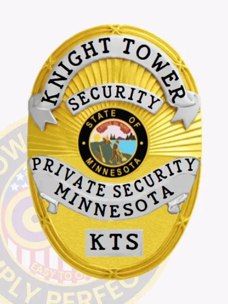 A beautifully crafted custom metal badge for private security, highlighted by a rich gold surface and decorative silver panels. The badge prominently features "KNIGHT TOWER SECURITY" at the top and "PRIVATE SECURITY MINNESOTA" on a flowing silver banner below, with a detailed state seal at its core. It includes a practical safety pin attachment for convenience.