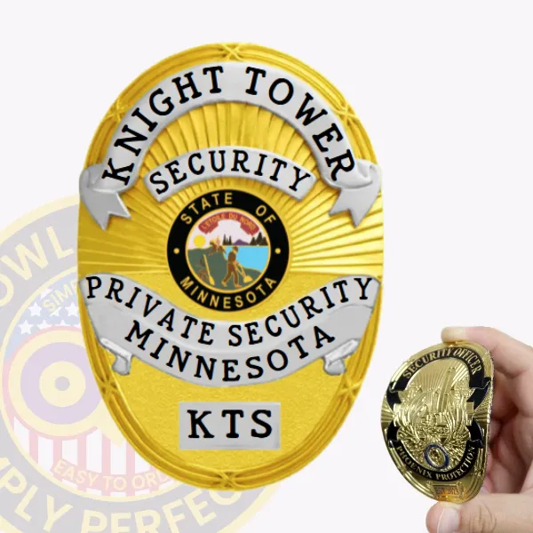 This custom flex badge for private security showcases a striking gold finish, complemented by elegant silver panels. At the top, the words "KNIGHT TOWER SECURITY" are boldly displayed, while the center features the Minnesota state emblem surrounded by the text "PRIVATE SECURITY MINNESOTA." The badge is equipped with a sturdy velcro attachment for secure placement.
