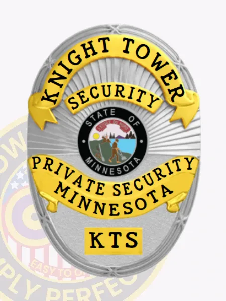 Featuring a refined silver backdrop, this custom metal badge for private security is accented with vibrant gold panels. The inscription "KNIGHT TOWER SECURITY" arches gracefully across the top, while "PRIVATE SECURITY MINNESOTA" adorns the bottom, surrounding the state seal. A sturdy safety pin attachment provides secure fastening.
