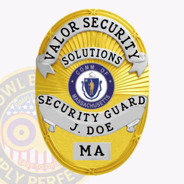 Featuring an elegant gold design accentuated by silver elements, this custom metal badge for security guard includes vibrant lettering. The words "VALOR SECURITY" and "SOLUTIONS" are displayed prominently above the central state seal, while "SECURITY GUARD J. DOE" is clearly marked below, creating a strong visual presence.