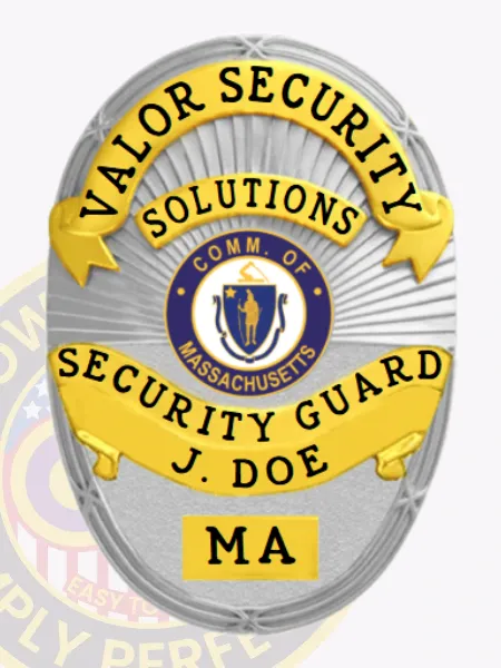 This custom metal badge for security guard features a sleek silver finish complemented by elegant gold panels. The badge prominently displays "VALOR SECURITY" and "SOLUTIONS" at the top in bold yellow lettering, with the state emblem of Massachusetts at the center and "SECURITY GUARD J. DOE" clearly marked below, ensuring a professional appearance.