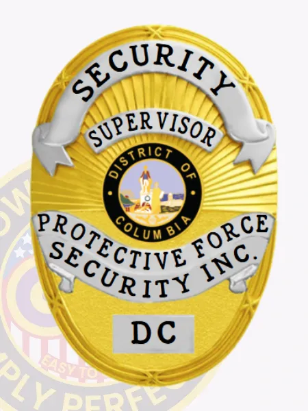A striking custom metal badge for security supervisors in gold with silver panels. The badge features "SECURITY" boldly displayed at the top, followed by "SUPERVISOR." The central area highlights the "DISTRICT OF COLUMBIA," while "PROTECTIVE FORCE SECURITY INC." and "DC" frame the design. This badge is equipped with a safety pin attachment for comfortable and reliable wear.