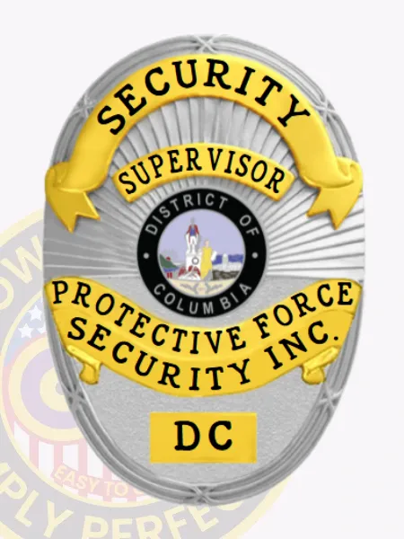 This elegant silver custom metal badge for security supervisors features gold panels and prominently showcases "SECURITY" at the top in bold black text. Beneath, "SUPERVISOR" is highlighted, surrounding a central emblem depicting the District of Columbia. The badge also includes "PROTECTIVE FORCE SECURITY INC." and "DC," secured with a dependable safety pin attachment for flexibility and convenience.