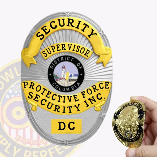 A custom flex badge for a security supervisor, radiating in silver with eye-catching gold panels. The top displays "SECURITY" prominently in black text, while "SUPERVISOR" is highlighted below, encircling an emblem that emphasizes the District of Columbia. The badge includes "PROTECTIVE FORCE SECURITY INC." and "DC," secured with an effective Velcro attachment for reliable wear.
