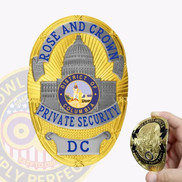 Featuring an elegant design, this custom flex badge for private security boasts a bright gold surface with polished silver panels. The top proudly displays "ROSE AND CROWN" in bold blue letters, while the center highlights the District of Columbia emblem surrounded by "PRIVATE SECURITY." The bottom section includes "DC," and it comes with a velcro attachment for easy application.