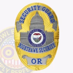 Distinctive custom metal badge for security guard in gold with silver panels, where "security guard" stands out in bold blue letters at the top. The center features the state seal of oregon, framed by decorative elements that add depth to the design. "nighthawk security" appears in striking blue at the bottom, and the badge is equipped with a safety pin attachment for reliable fastening.