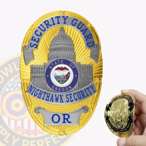 Custom flex badge for security guard in gold with silver panels, featuring the text "SECURITY GUARD" in bold blue letters at the top, and "NIGHTHAWK SECURITY" in the lower section. The center displays the state emblem of Oregon, surrounded by intricate detailing, giving it an authoritative look. This badge has a velcro attachment for secure fastening.