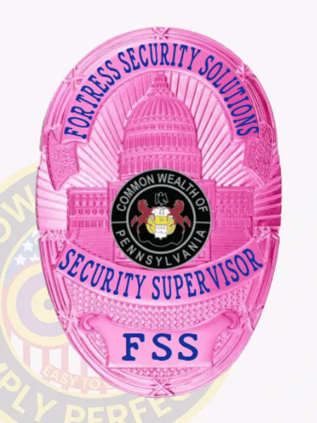 Featuring a striking BCAM pink hue, this custom metal badge for security supervisor showcases a detailed dome motif. Above the central emblem, "FORTRESS SECURITY SOLUTIONS" is displayed in bold blue text, with "SECURITY SUPERVISOR" clearly marked below, combining functionality and style.
